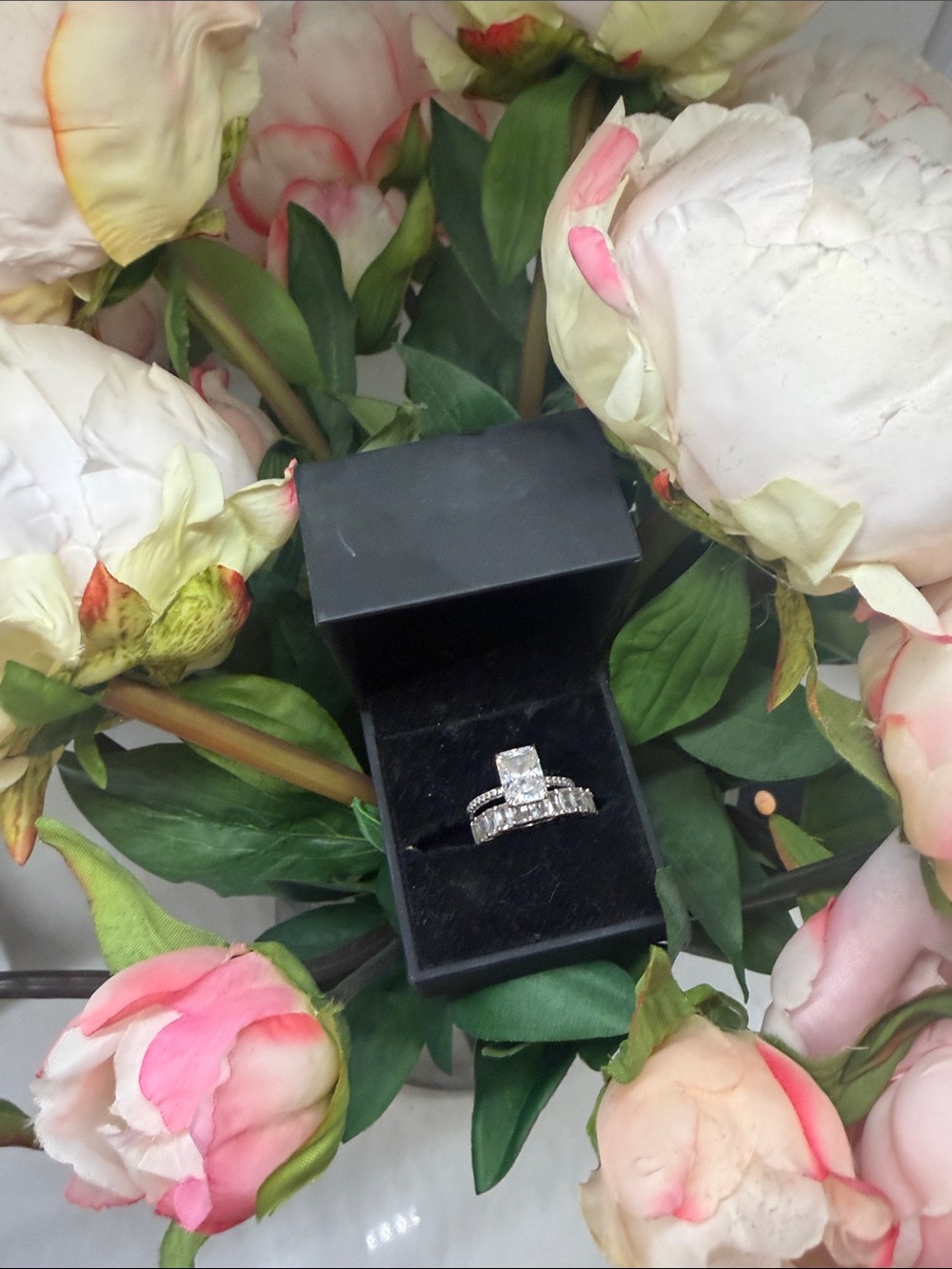 Emerald Solitaire with diamond band Costume Diamond Engagement Ring Set - w/box